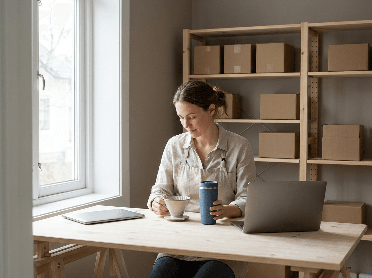 Merchandiser checking products and packaging in an organized online retail studio
