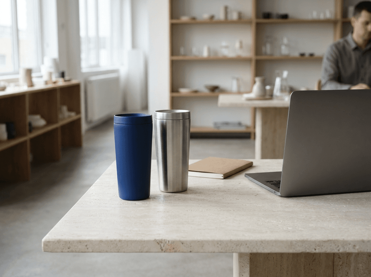 Blue and steel travel mugs arranged beside a laptop for a considered product comparison