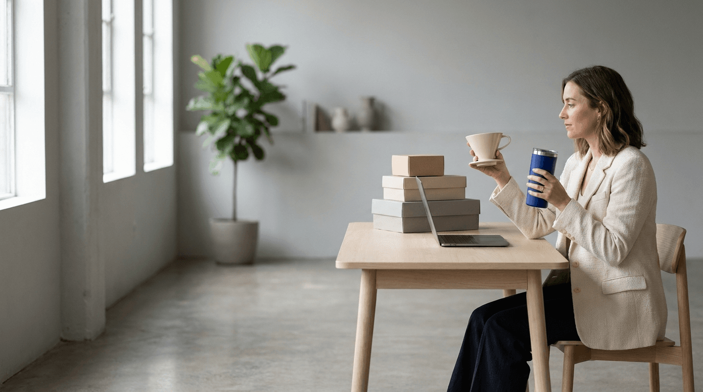 Retail business owner considering products beside a laptop in a bright studio
