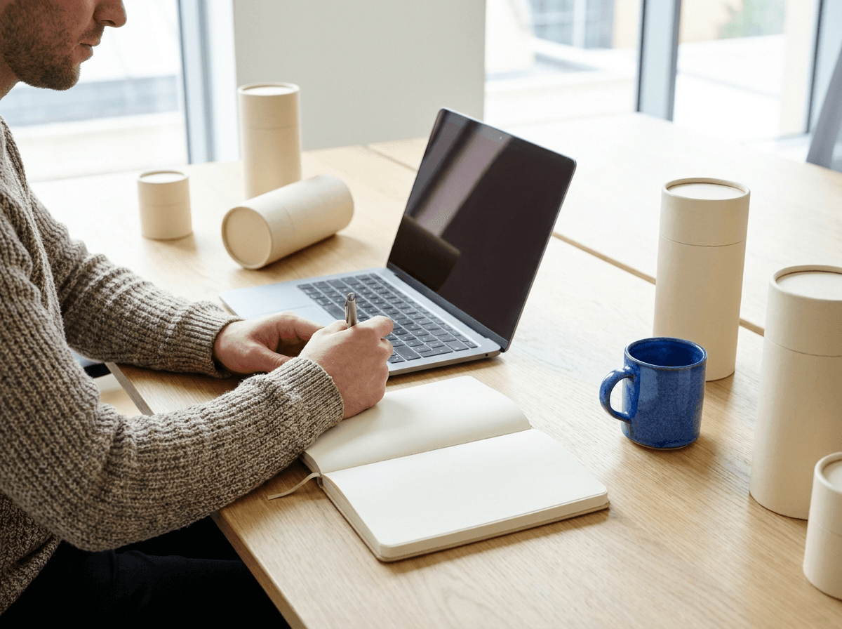 Analyst reviewing work at a desk with a notebook, laptop, and product packaging